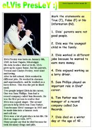 HERE COMES LEGEND OF THE MUSIC- ELVIS PRESLEY - READING AND TRUE FALSE EXERCISES + ANSWER KEY INCLUDED :)