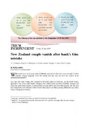Couple vanish after banks 4m mistake - practising conditional 2, newspaper article (3 pages)