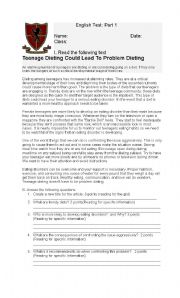 English Worksheet: Teenage Dieting Could Lead To Problem Dieting