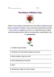 English Worksheet: THE HISTORY OF MOTHERS DAY
