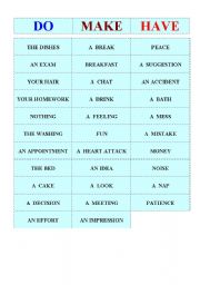 English Worksheet: Collocations- make, do and have.