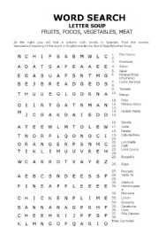 English worksheet: Word Search: Fruits, Foods, Vegetables, Meat