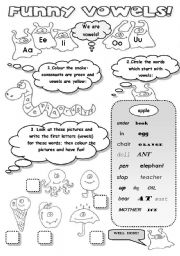 English Worksheet: FUNNY VOWELS! -  a ws for very young learners