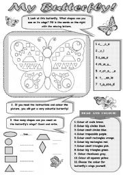 MY BUTTERFLY! - FUN WITH SHAPES!!! (+ revision of colours and numbers) for kids -3 activities to practise shapes