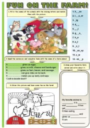 FUN ON THE FARM! (B&W VERSION INCLUDED!!!) - FARM ANIMALS (4 different activities:spelling and matching, completing the sentences, writing activity and colouring)