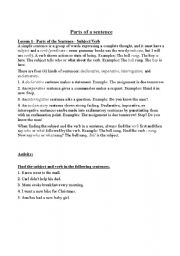 English worksheet: Parts of a sentence