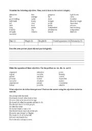 English worksheet: physical and psychological adjectives and travel items