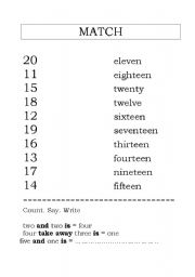 English Worksheet: Numbers 11-20 and addition