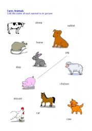 English Worksheet: Farm Animals 2 - linking pictures to words