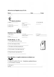 English worksheet: Affirmative and negative ways of to be