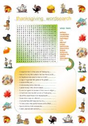 Thanksgiving:  Word search & definition exercise including the major Thanksgiving vocabulary