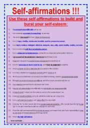 English Worksheet: Affirmation to Build Your Self-Esteem. Read, Ask Questions and Discuss.