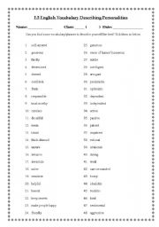 English Worksheet: Vocabulary describing personalities