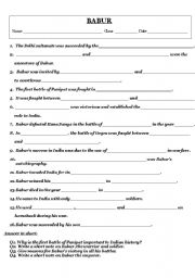English worksheet: worksheet on babur