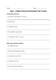 English Worksheet: Quiz - Simple present and past verb tenses (pos, neg, and question)