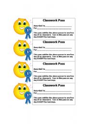 English worksheet: classwork pass