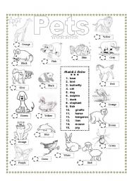 English Worksheet: Coloring & Matching Pets