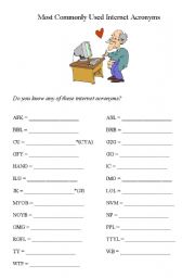 English Worksheet: Most Commonly Used Internet Acronyms (with Answer Sheet)