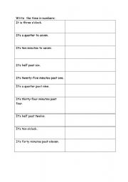 English worksheet: write the time in numbers