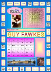 English Worksheet: Guy Fawkes activities (Part 2/2):  Very original wordsearch containing a hidden message!!! (22 words spread out through the worksheet) + Vocabulary exercise (words are split up in two parts).