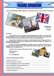 English Worksheet: PERSONAL INFORMATION - Student in london - Letter