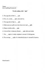 English worksheet: words ending with -ight