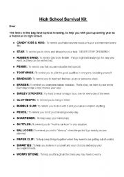 English worksheet: High School Survival Kit 