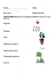 English worksheet: Thanksgiving Vocabulary Match Up