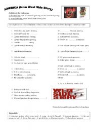 English Worksheet: America (West Side Story), 2 pages of activities