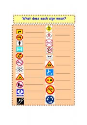 English worksheet: What does each sign mean ?