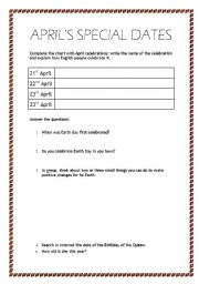 English Worksheet: APRILS SPECIAL DATES