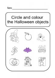 English Worksheet: Circle and colour the halloween objects