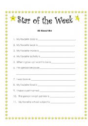 English Worksheet: student of the week worksheet