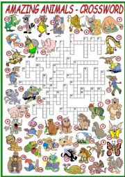 AMAZING ANIMALS - CROSSWORD (KEY AND B&W VERSION INCLUDED)