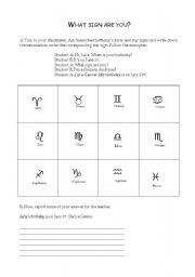 English worksheet: What sign are you