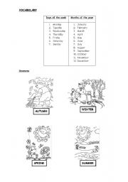 English worksheet: seasons, days of the week and months of the year.