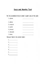 English worksheet: Days and Months Worksheet/ Test