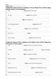 English Worksheet: Exercises on Simple and Continuous Tenses - 01