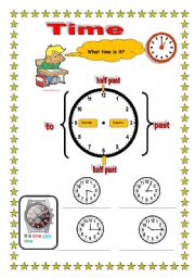 English Worksheet: TIME with colorful watch (two pages with exercises)