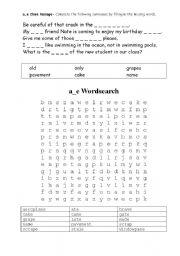 English Worksheet: a_e Cloze Passage and Wordsearch