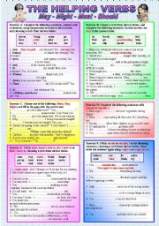 HELPING VERBS/MODALS - MAY - MIGHT - MUST - SHOULD  - (( 6 Exercises & 58 Exercises to complete )) - elementary/intermediate - (( B&W VERSION INCLUDED ))