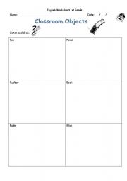 English Worksheet: draw classroom objects