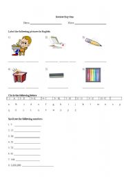 English worksheet: Classroom vocabulary, alpha and number review