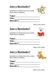 English worksheet: Book Reminder Slips