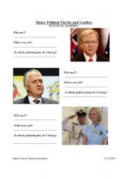 English Worksheet: Australian Major Political Parties and Leaders Student Exercise