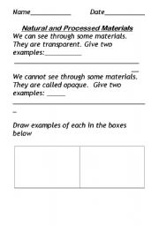 English Worksheet: Natural and Processed Materials/Transperant