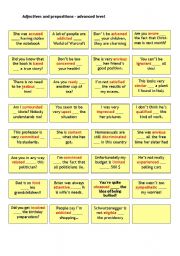 Adjectives and prepositions (advanced) - cards with solution on the back 
