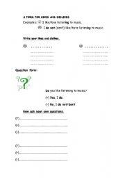 English worksheet: a form for likes and dislikes
