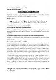 English worksheet: Summer Vacation Writing Assignment