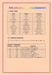 English Worksheet: Family words, possessive adjectives and s: explanation and exercises